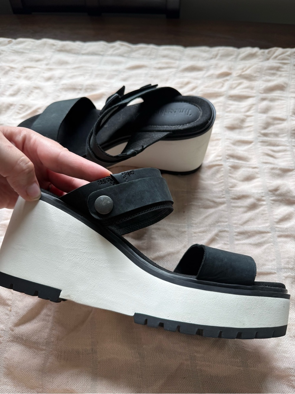 Timberland Black Platform Wedge Sandals with White Sole - Picture 4 of 9